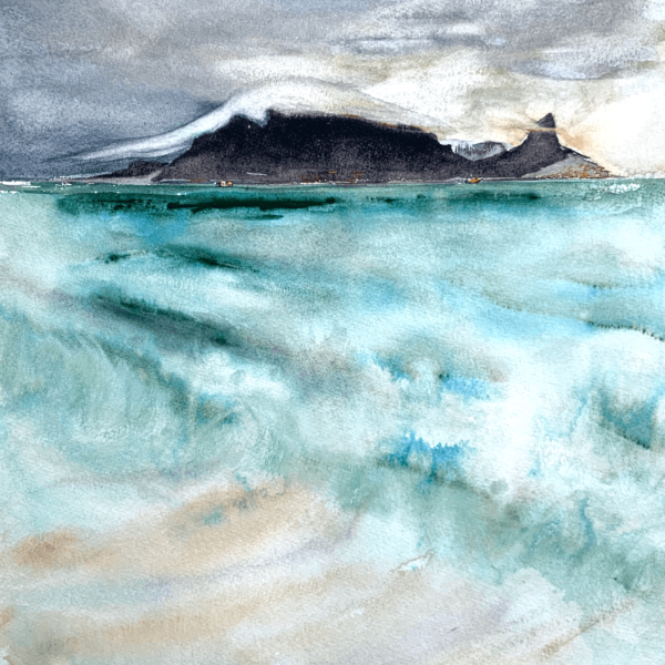 Table Mountain in candy floss cloud by Zuzana Edwards, seascape watercolour original 16 x 12 inch (41.5 x 30 cm).