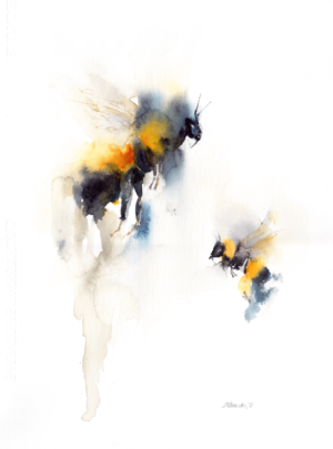Sound of a garden by Zuzana Edwards, Bees, Abstracted wildlife, original watercolour painting 11 x 15 inch (28 x 38 cm)