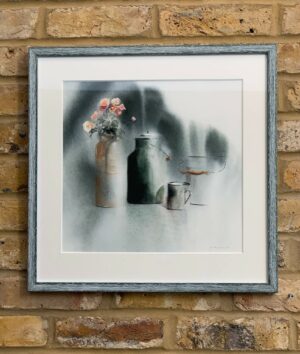 Enamel and Roses, framed original artwork by Zuzana Edwards. Atmospheric watercolour painting.