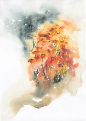 Fiery Flowers by Zuzana Edwards, Abstracted vibrant floral painting, 42 x 29.5 cm
