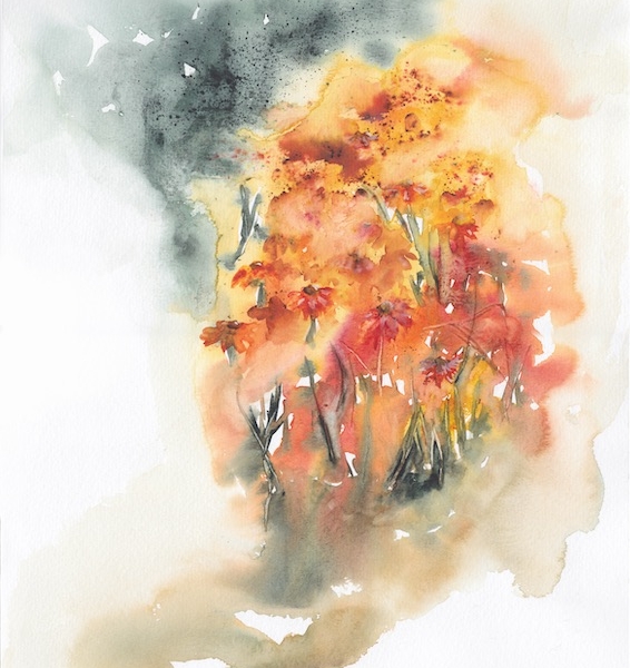 Fiery Flowers by Zuzana Edwards, Abstracted vibrant floral painting, 42 x 29.5 cm