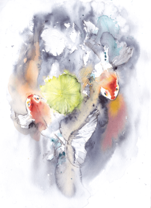 The chase is on by Zuzana Edwards, Fish in a pond abstract watercolour 11 x 15 inch (28 x 38).