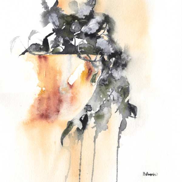 Just hanging by Zuzana Edwards, abstracted botanical watercolour, 11 x 15 in (28 x 38 cm).