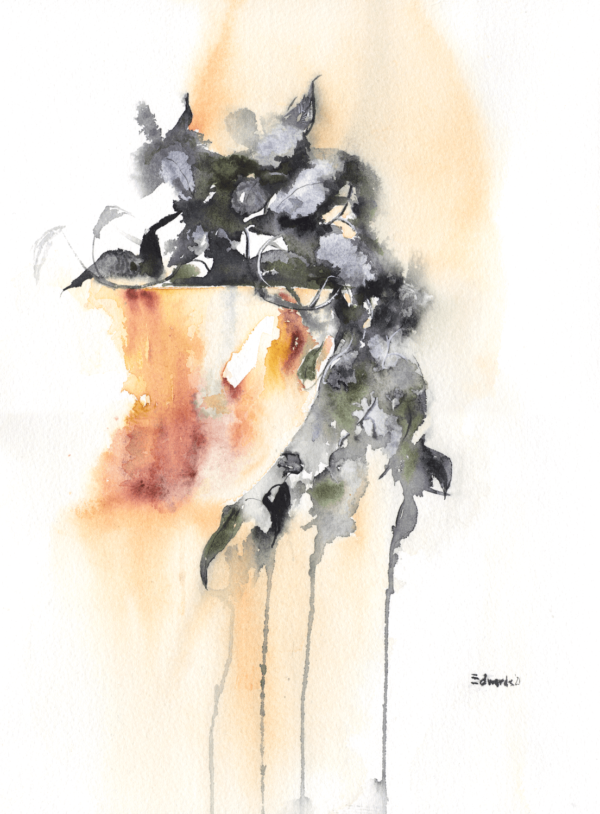 Just hanging by Zuzana Edwards, abstracted botanical watercolour, 11 x 15 in (28 x 38 cm).