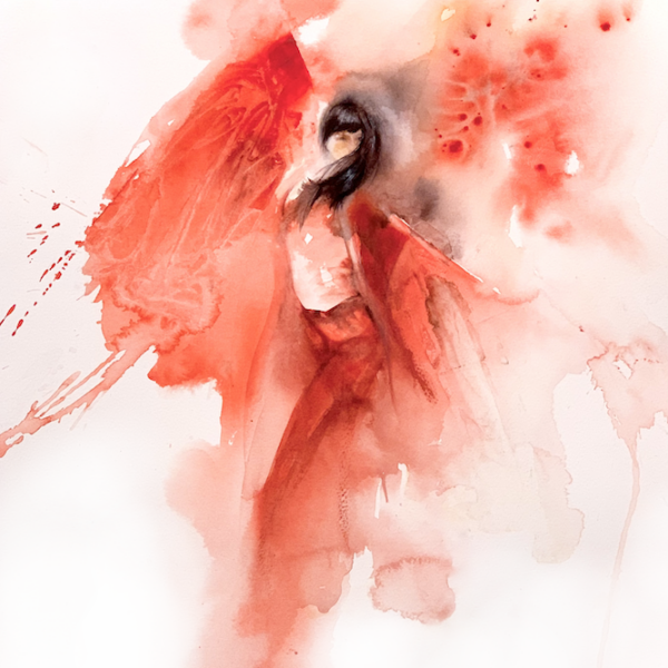 Let's Dance, 2022! by Zuzana Edwards, figurative painting Red Kimono, Tokyo Ballet
