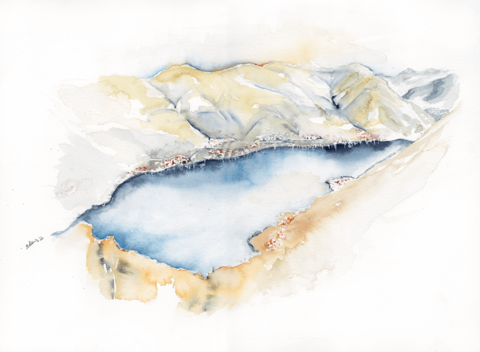 Lake Como I by Zuzana Edwards, Landscape original watercolour 11 x 15 in (28 x 38 cm)