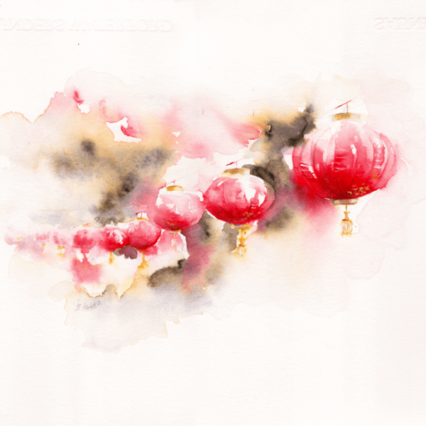 Red lanterns by Zuzana Edwards, Japanese minimalist painting, watercolour 28 x 38 cm