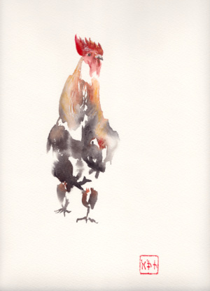 Suspicious eye by Zuzana Edwards, Rooster watercolour, Japanese Style, Fine Art print, Limited Edition, 25 x 35 cm