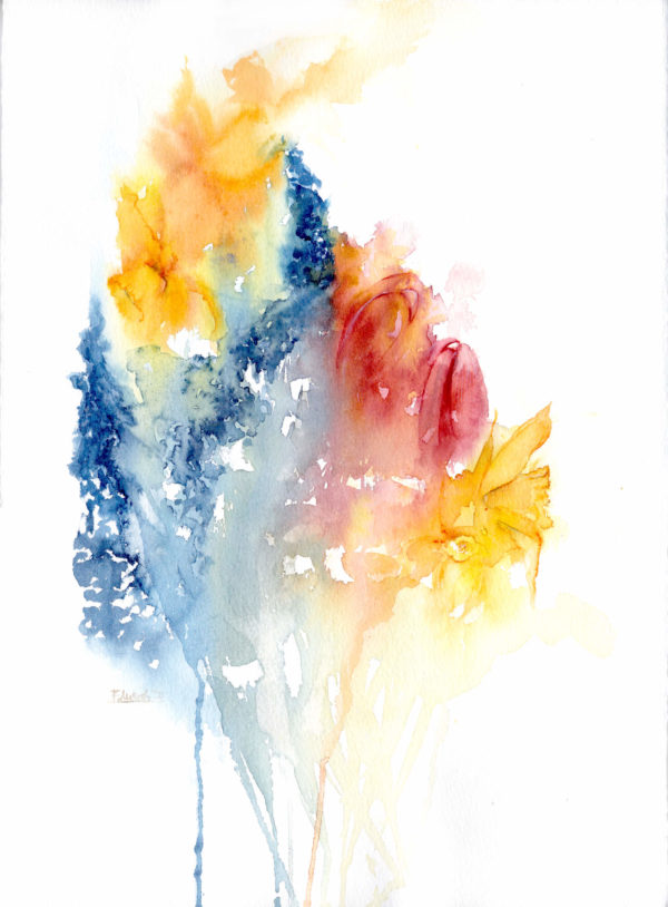 Bouquet by Zuzana Edwards, Floral watercolour abstract, primary colours, 28 x 38 cm