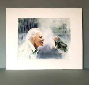 Now Look, David...original artwork by Zuzana Edwards, Watercolour portrait of David Attenborough