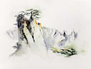 Pine on rocks by Zuzana Edwards, small minimalist landscape painting