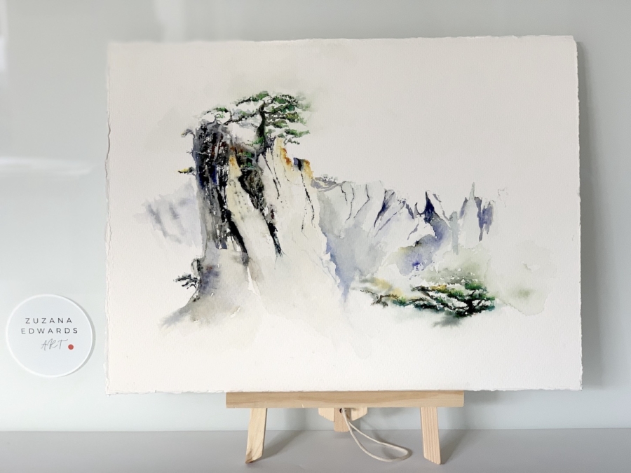 Pine on rocks by Zuzana Edwards, small minimalist landscape painting