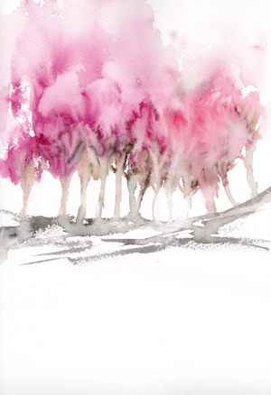 Pink Trees by Zuzana Edwards, original watercolour abstract, 9x12 in (23 x 31 cm).
