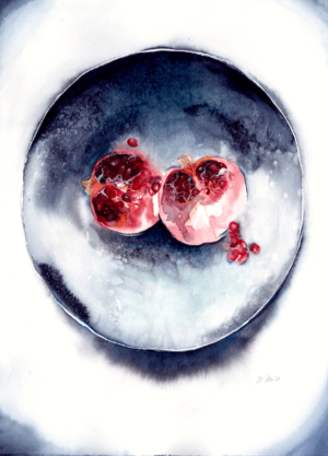 Serving of Jewels by Zuzana Edwards, Pomegranates on plate watercolour painting, 11 x 15 in (28 x 38 cm)
