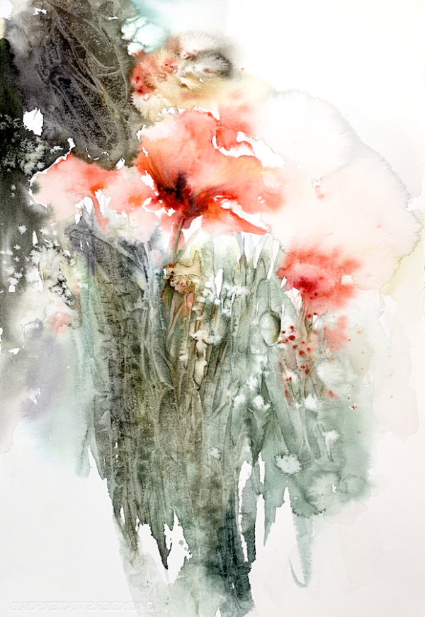 Poppies by Zuzana Edwards, Atmospheric Flowers Watercolour Painting