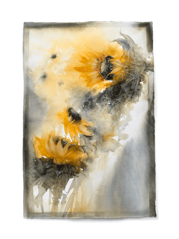 Sunflowers by Zuzana Edwards abstracted atmospheric sunflower painting, 57 x 38 cm