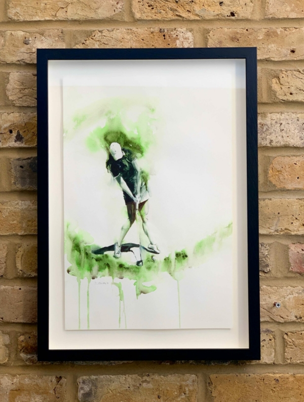 Tee time, female golfer art, watercolour painting, framed, 15.5 x 22 inch (39.5 x 55.5 cm)