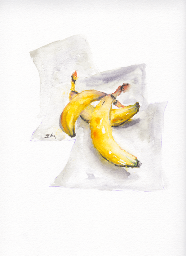 Three Bananas by Zuzana Edwards, Still life original watercolour 9 x 12 inch (23 x 30 cm).