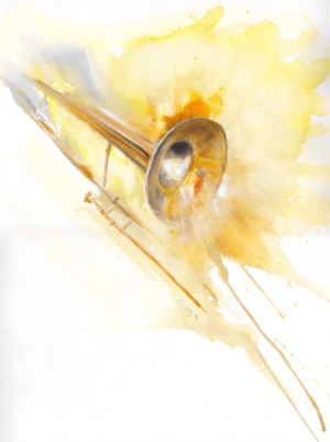 Trombone by Zuzana Edwards, Abstract watercolour original 12 x 16 in (31 x 41 cm).