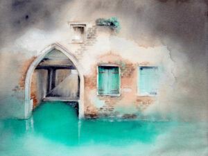 Venice by Zuzana Edwards, old building on the canal, colourful shutters, original painting